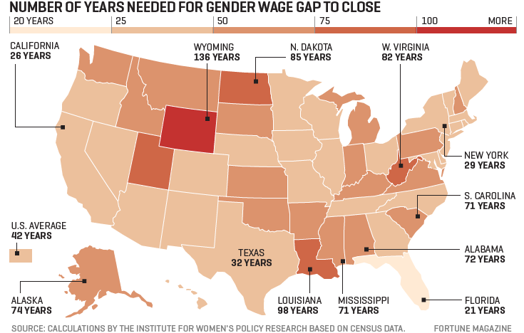 Map looks at the number of years needed for the gender wage gap to close