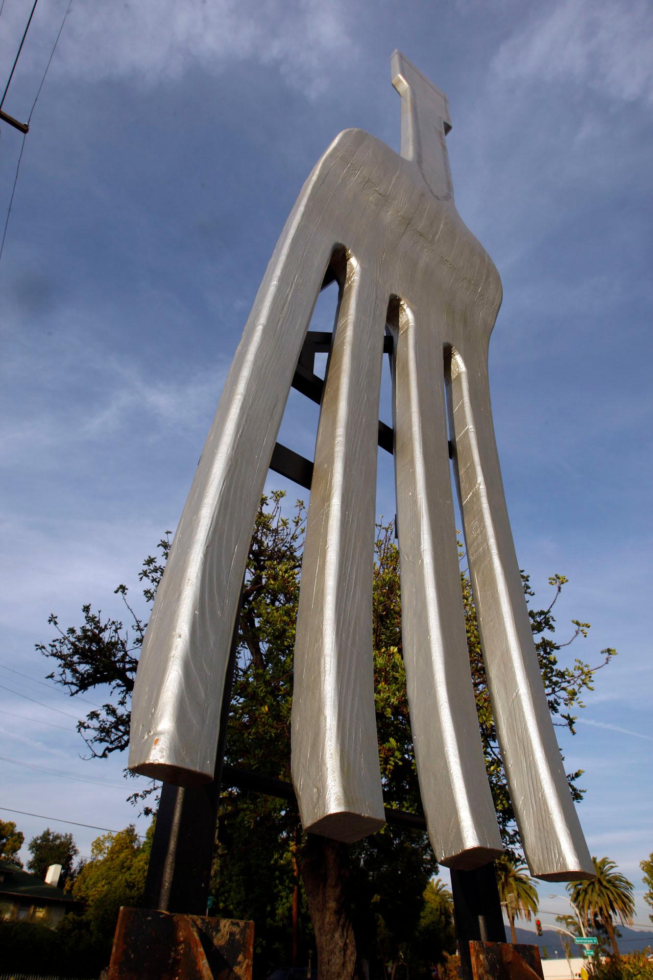 A 18' fork as a work of art at the intersection of St John Ave/Pasadena Ave and Bellefontaine St in