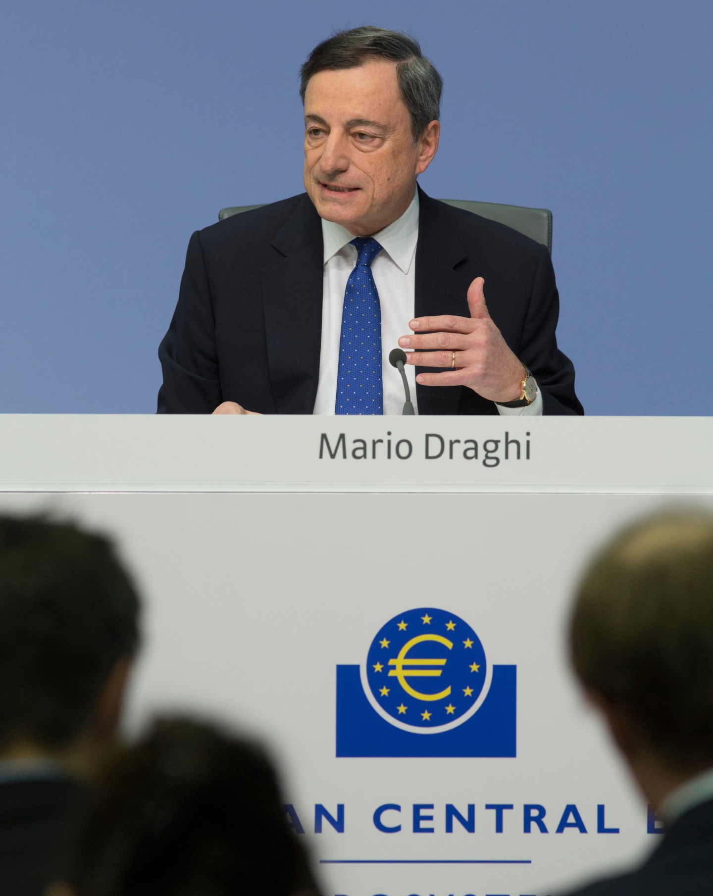Press conference of the European Central Bank (ECB) in Frankfurt. Mario Draghi, President of the ECB, during the press conference.
