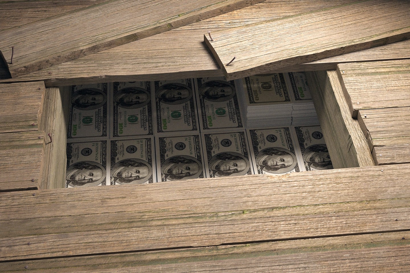 Dollar bills hidden under floorboards