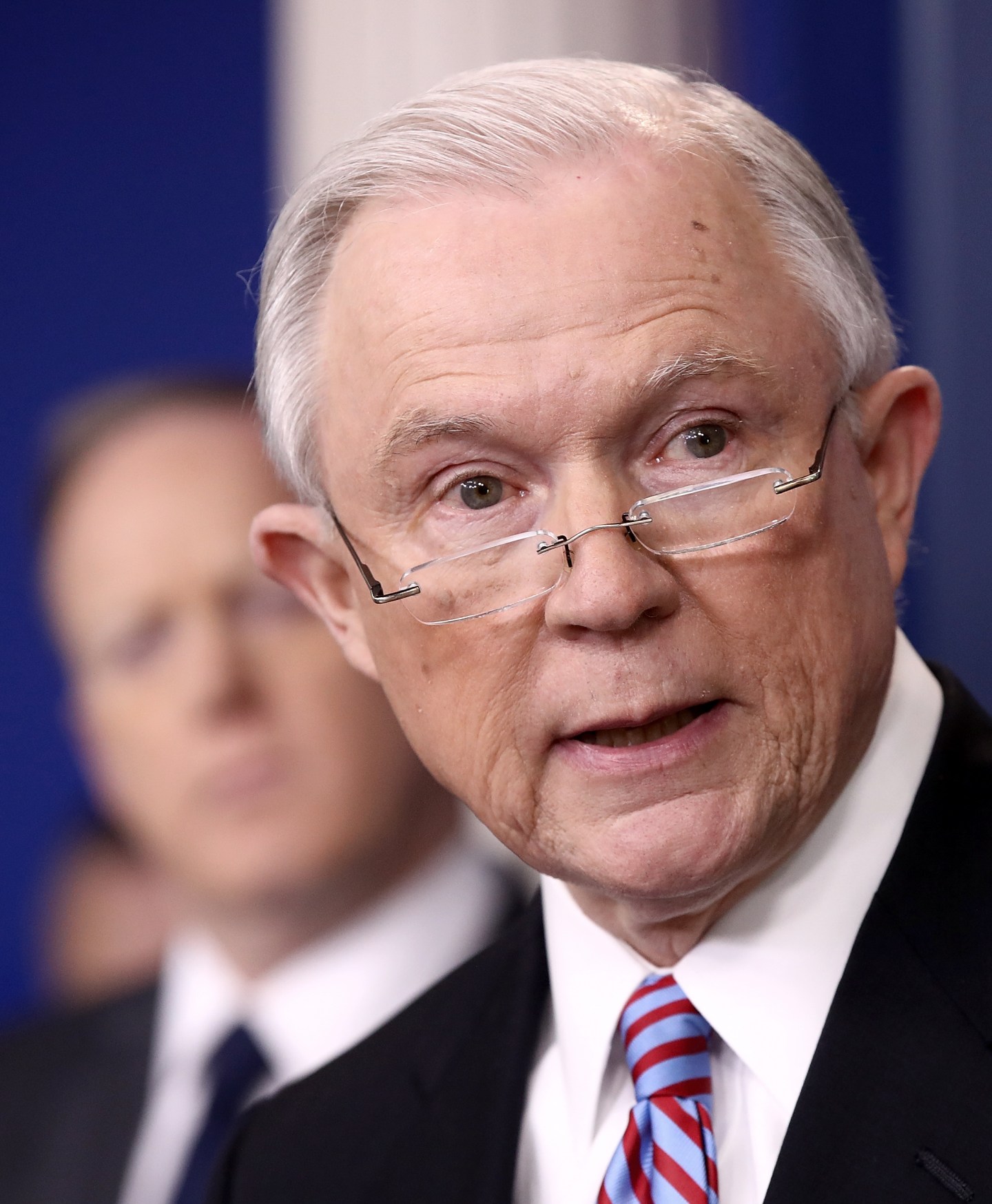 Jeff Sessions Joins Sean Spicer For Daily Press Briefing At The White House