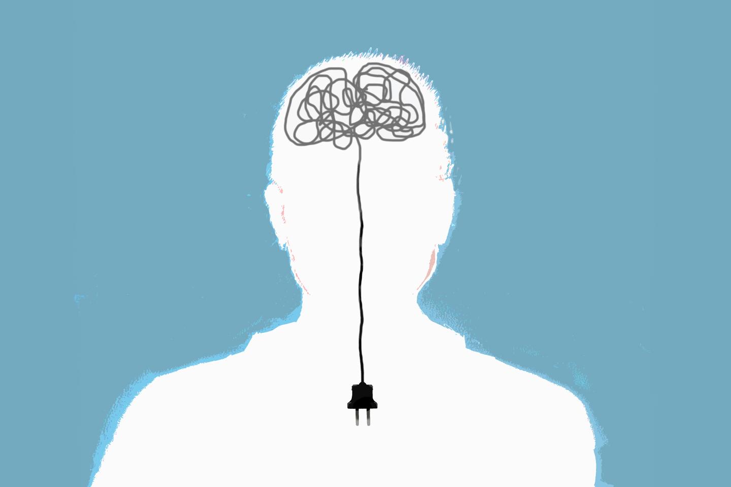 Man with unplugged tangled electric wires in brain