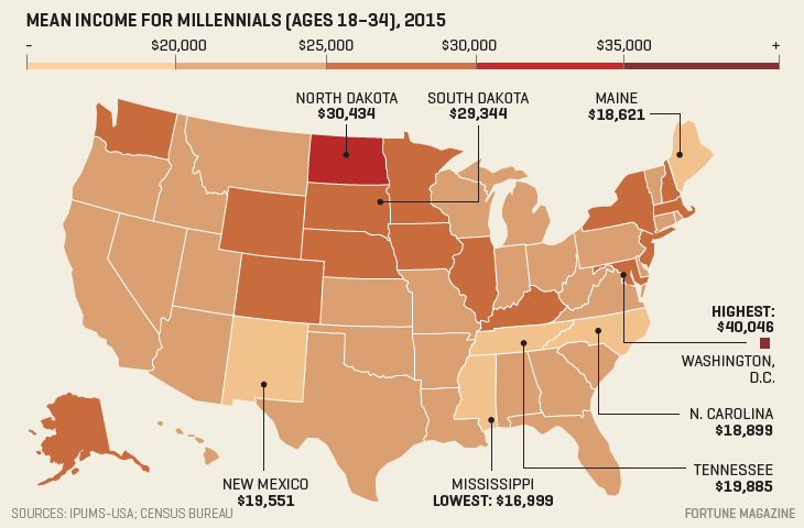 Map shows mena income for millennials in the U.S.
