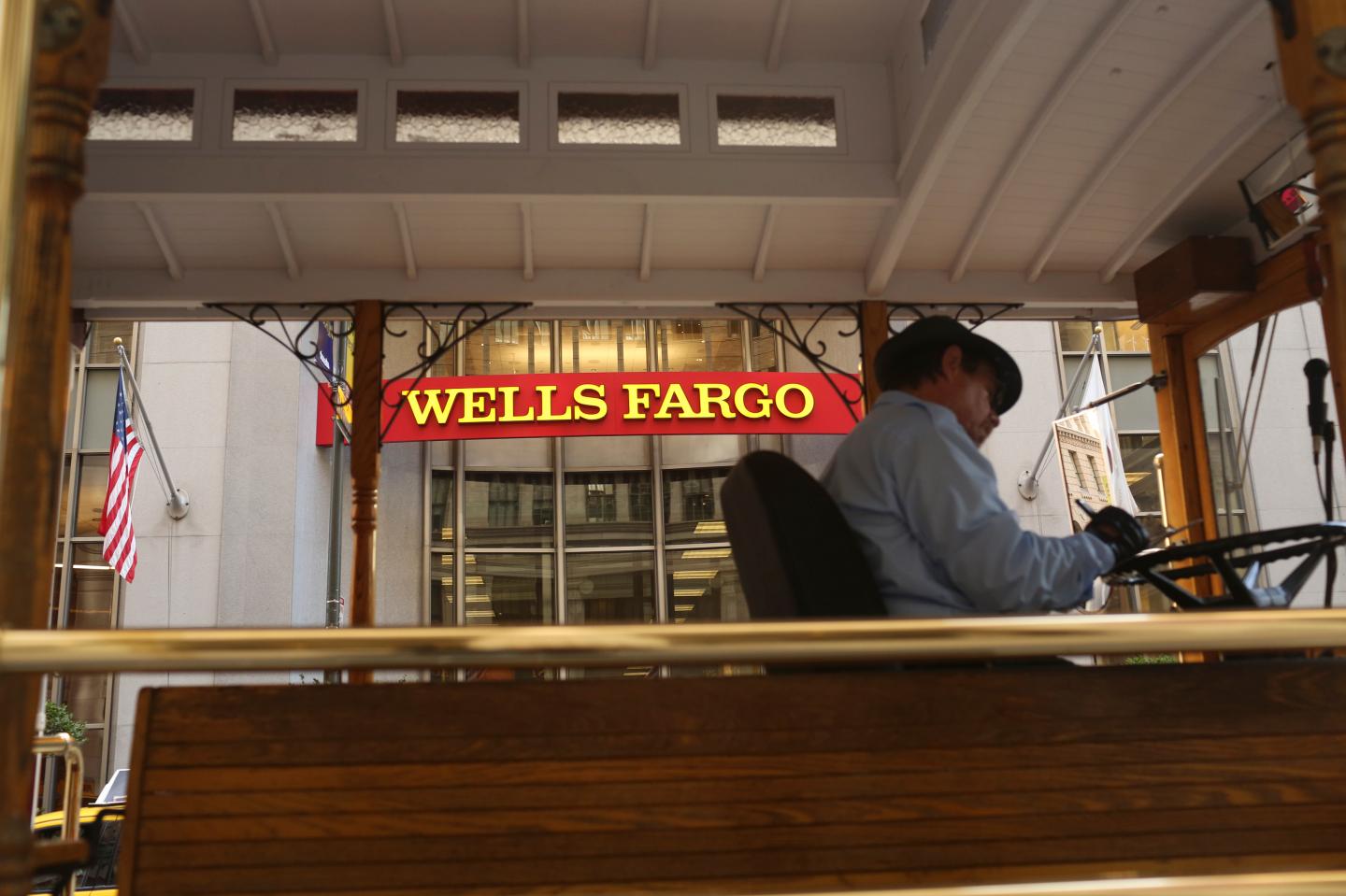 A Wells Fargo Bank sign is seen through a motorized cable car in San Francisco