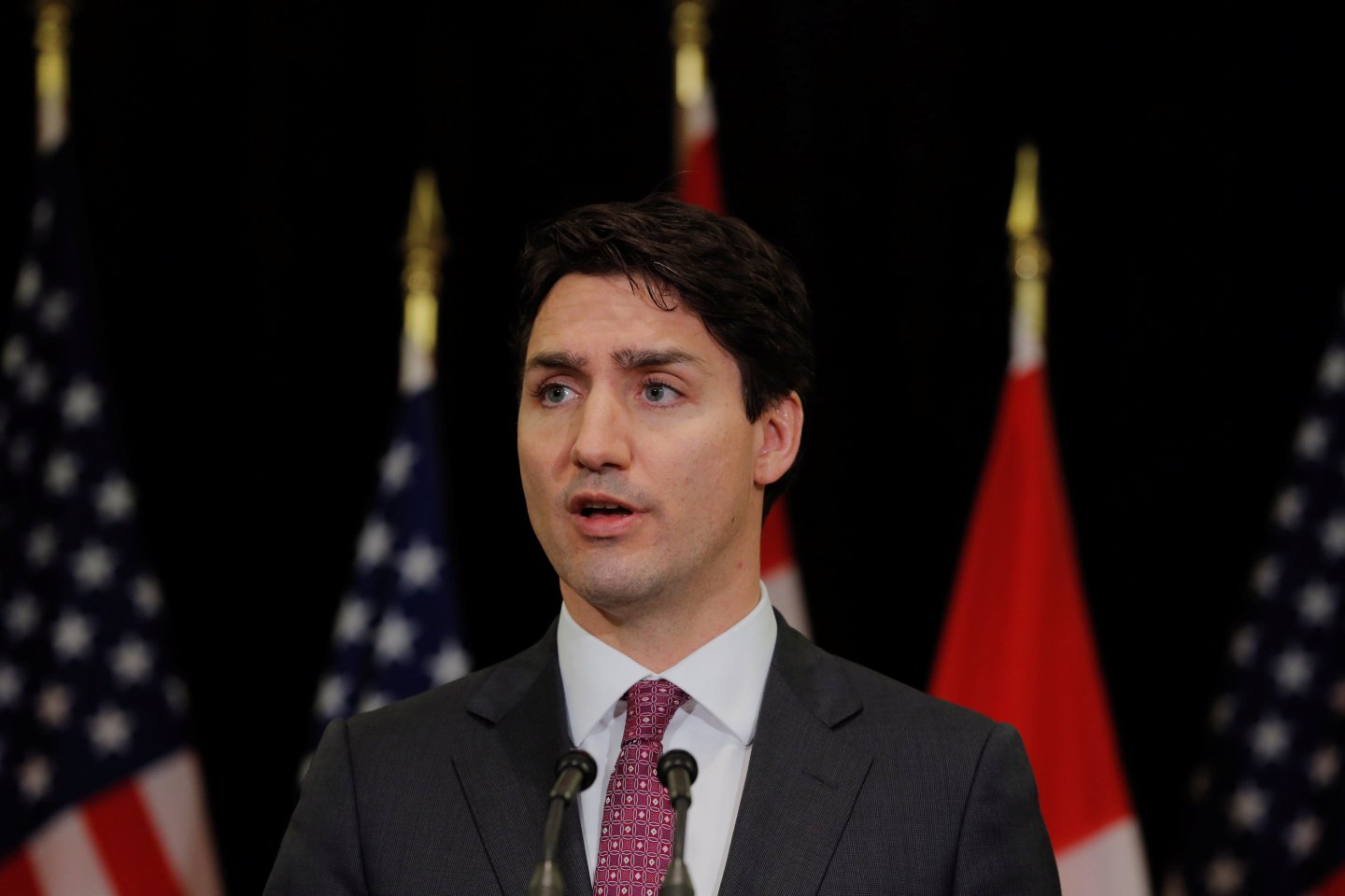 Canadian Prime Minister Justin Trudeau speaks to the media during a visit to the Manhattan borough of New York