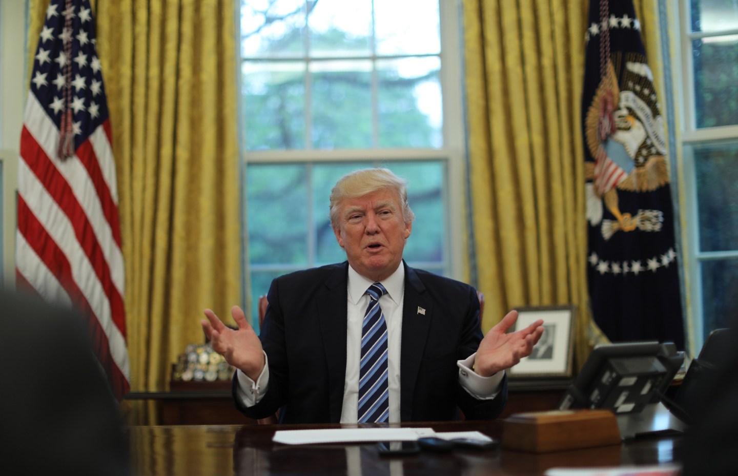 U.S. President Trump speaks during Reuters interview in the Oval Office at the White House in Washington