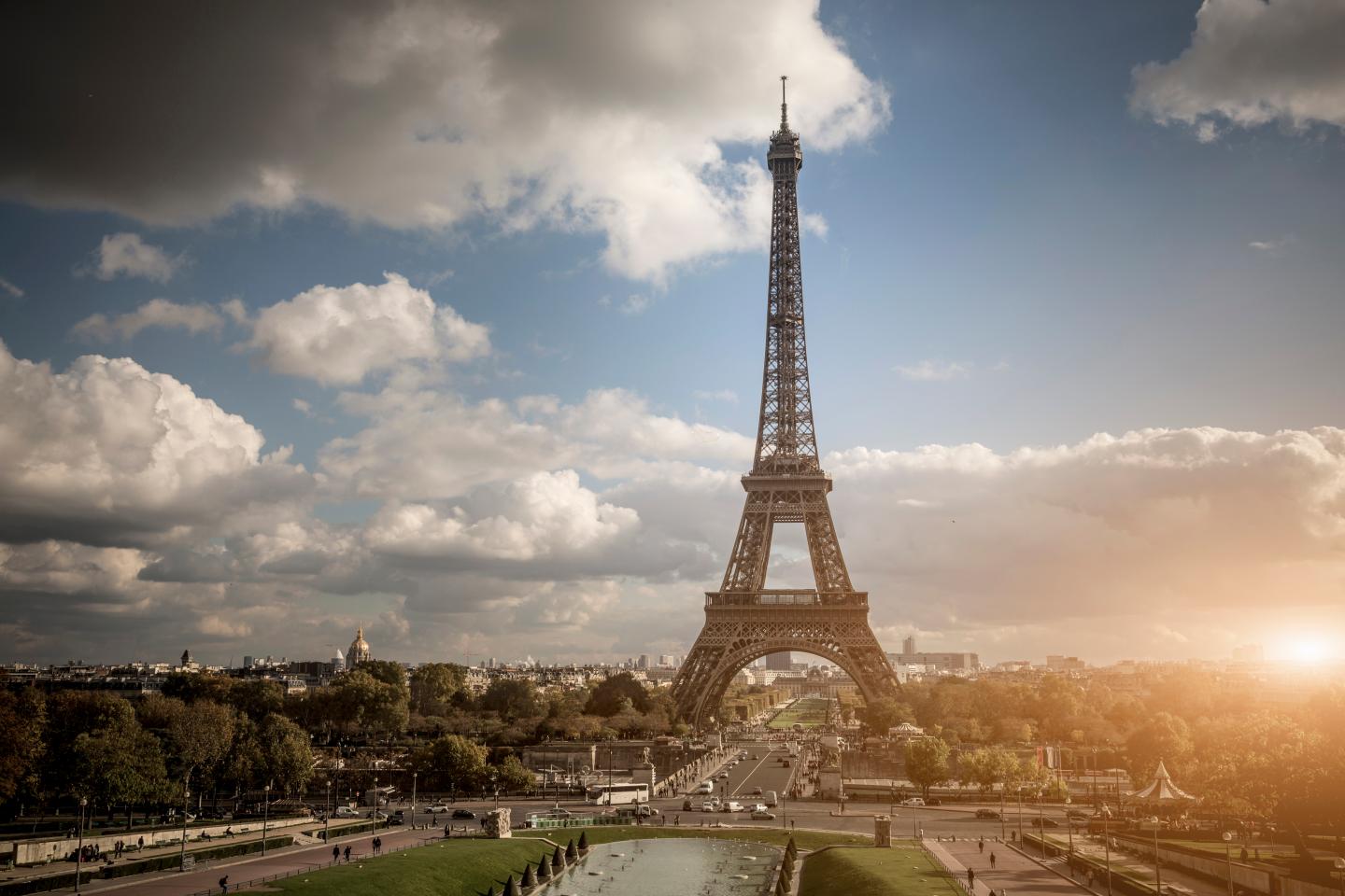 View of park and Eiffel Tower, Paris, France