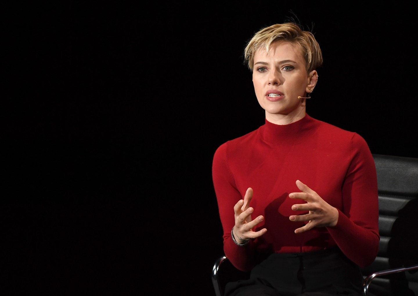 Actress Scarlett Johansson speaks at the Eighth Annual Women In The World Summit at Lincoln Center for the Performing Arts on April 6, 2017 in New York City.