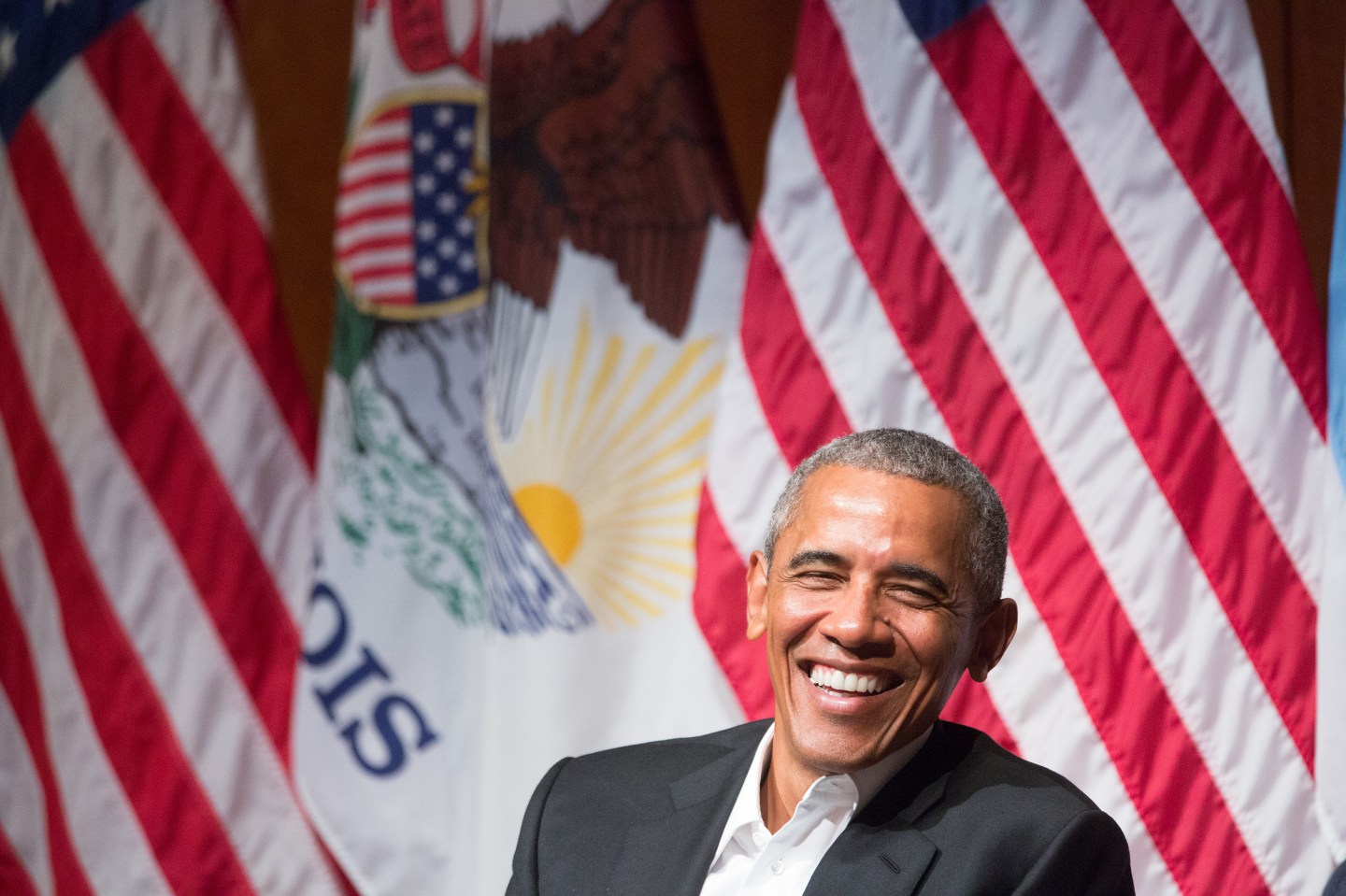 Former President Barack Obama at a discussion with six Chicago-area students at the Logan Center for the Arts on the University of Chicago campus on Monday