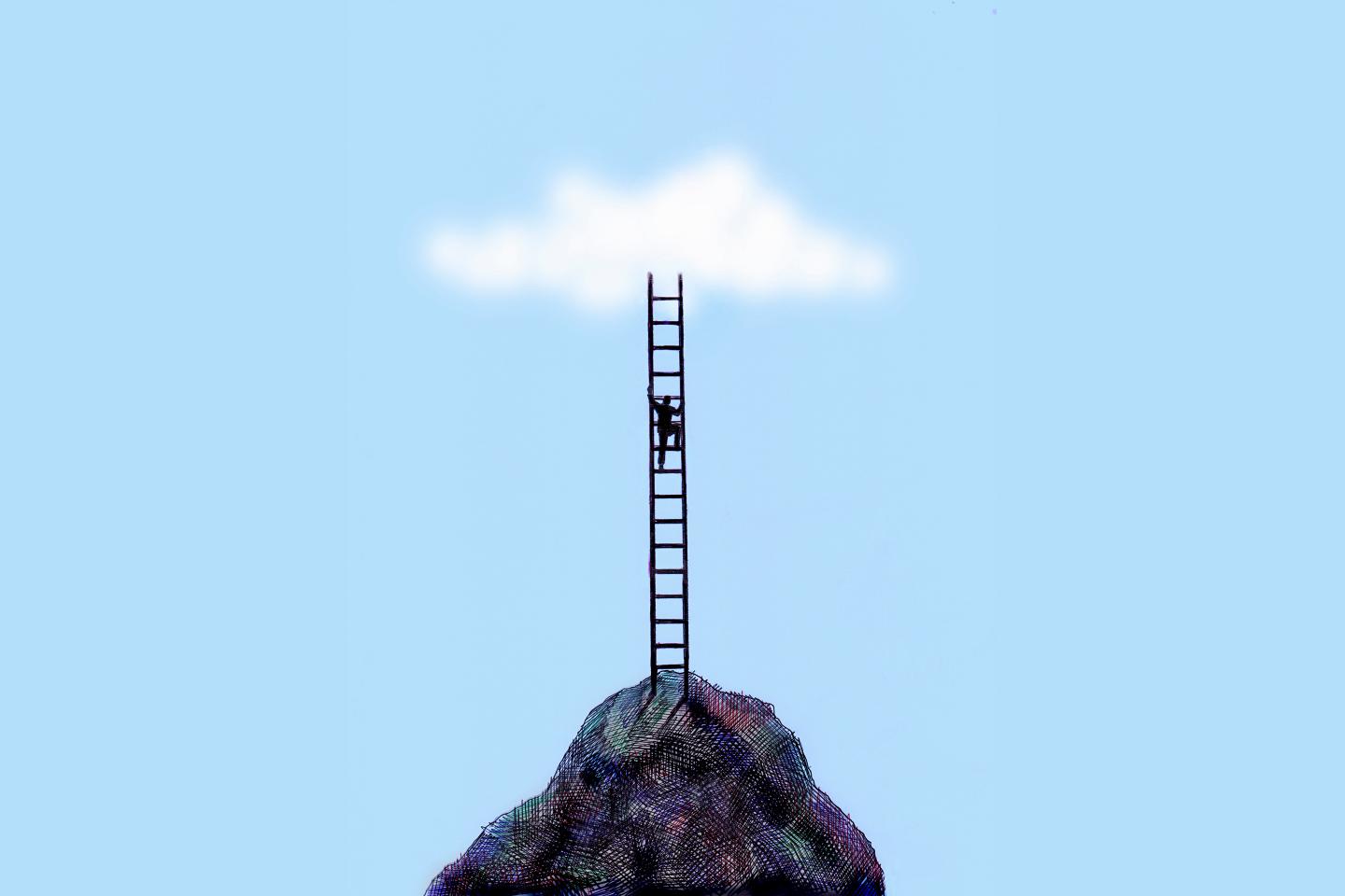 Businessman climbing ladder on top of mountain peak