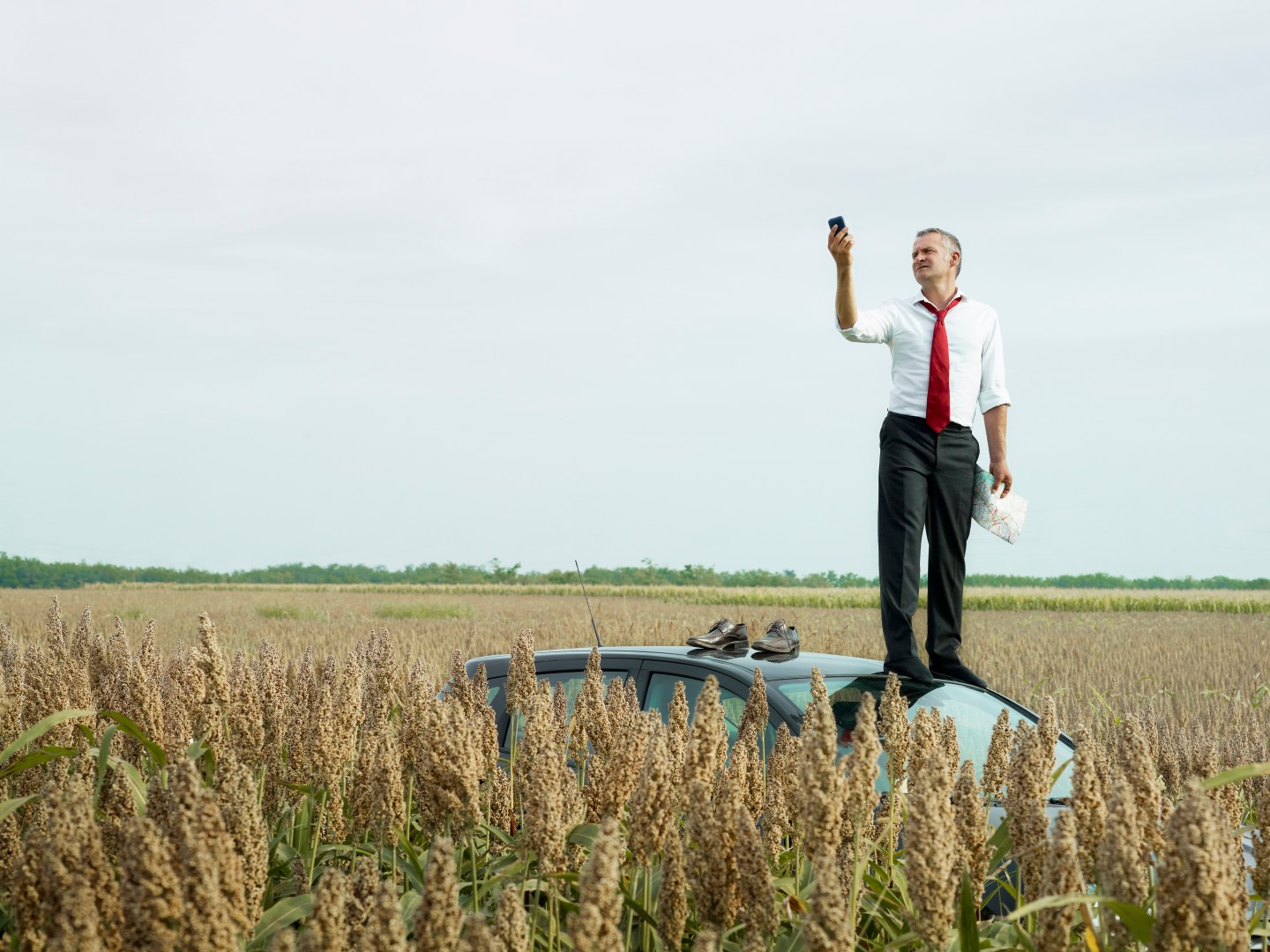 Caucasian businessman on top of car in field looking at gps device