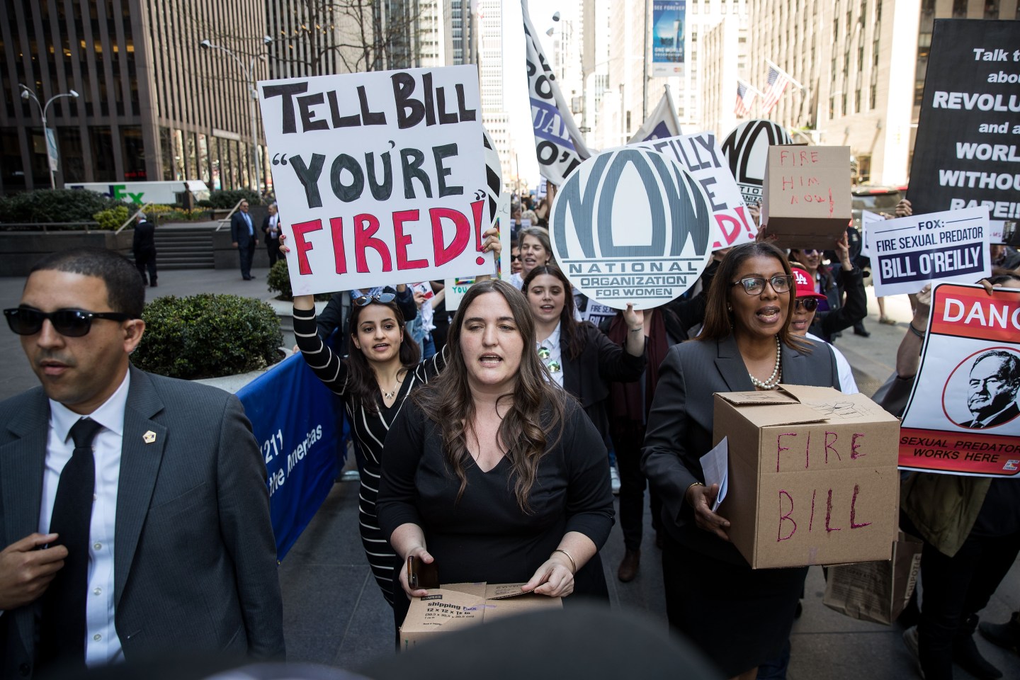 Demonstrators rally against Fox News television personality Bill O'Reilly outside of News headquarters in New York City on April 18, 2017.