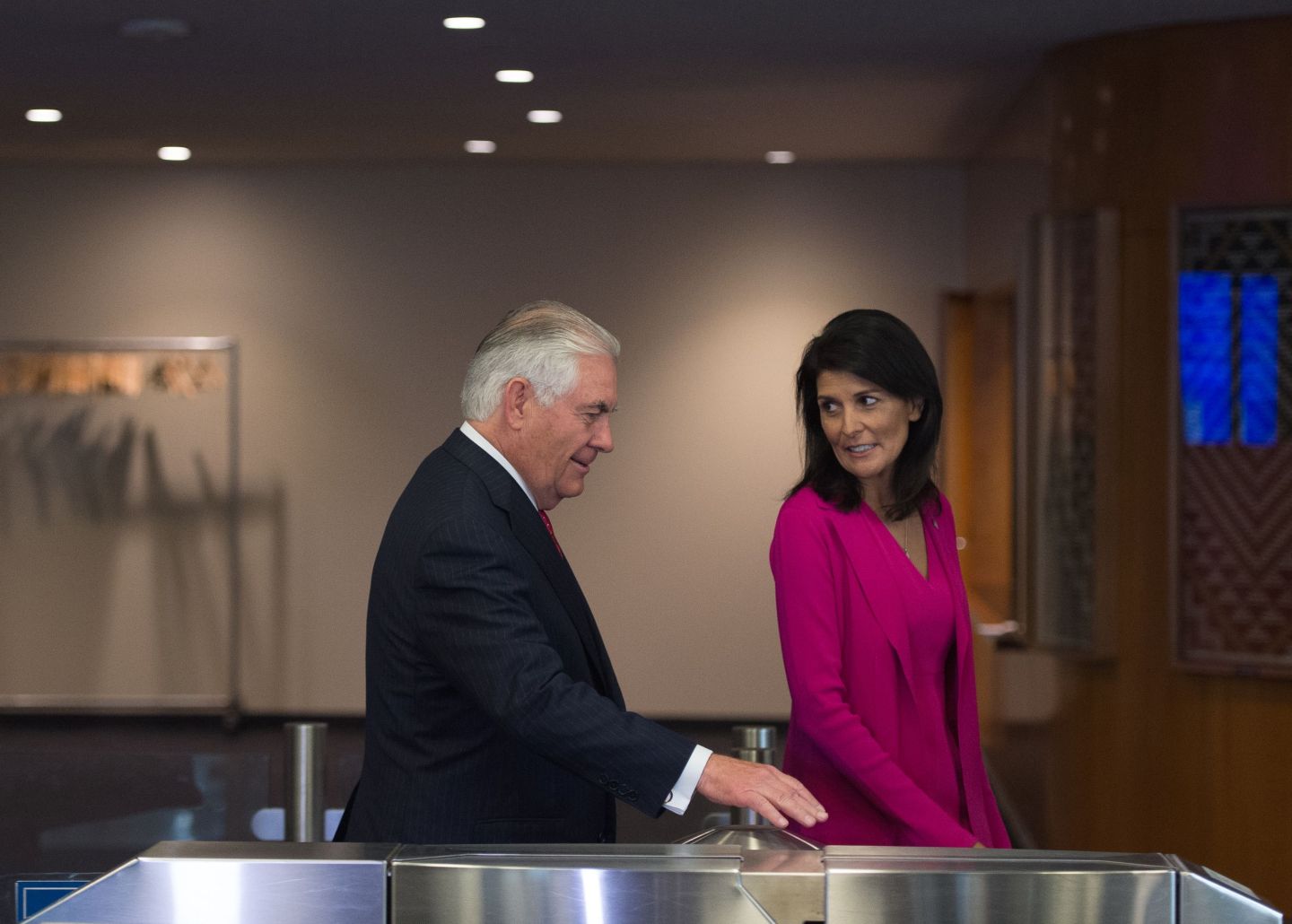 US Secretary of State Rex Tillerson, and US Ambassador to the United Nations Nikki Haley arrive to the United Nations on April 28, 2017 in New York.