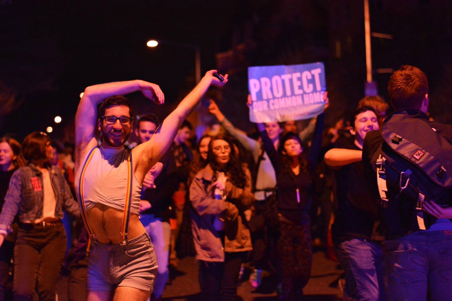 Participants dance outside Ivanka Trump's home during an event, "Queer Dance Party for Climate Justice at Ivanka Trump’s House!" in Washington, D.C., on April 1, 2017.