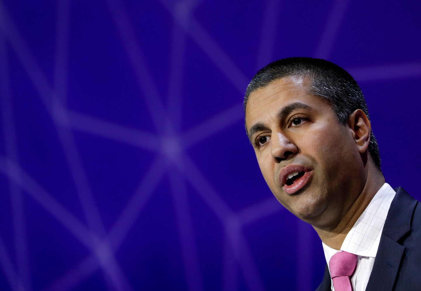 Pai, Chairman of U.S Federal Communications Commission, delivers his keynote speech at Mobile World Congress in Barcelona