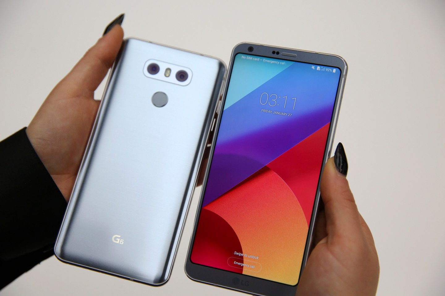 The LG G6 device is displayed at the LG stand at the Mobile World Congress in Barcelona
