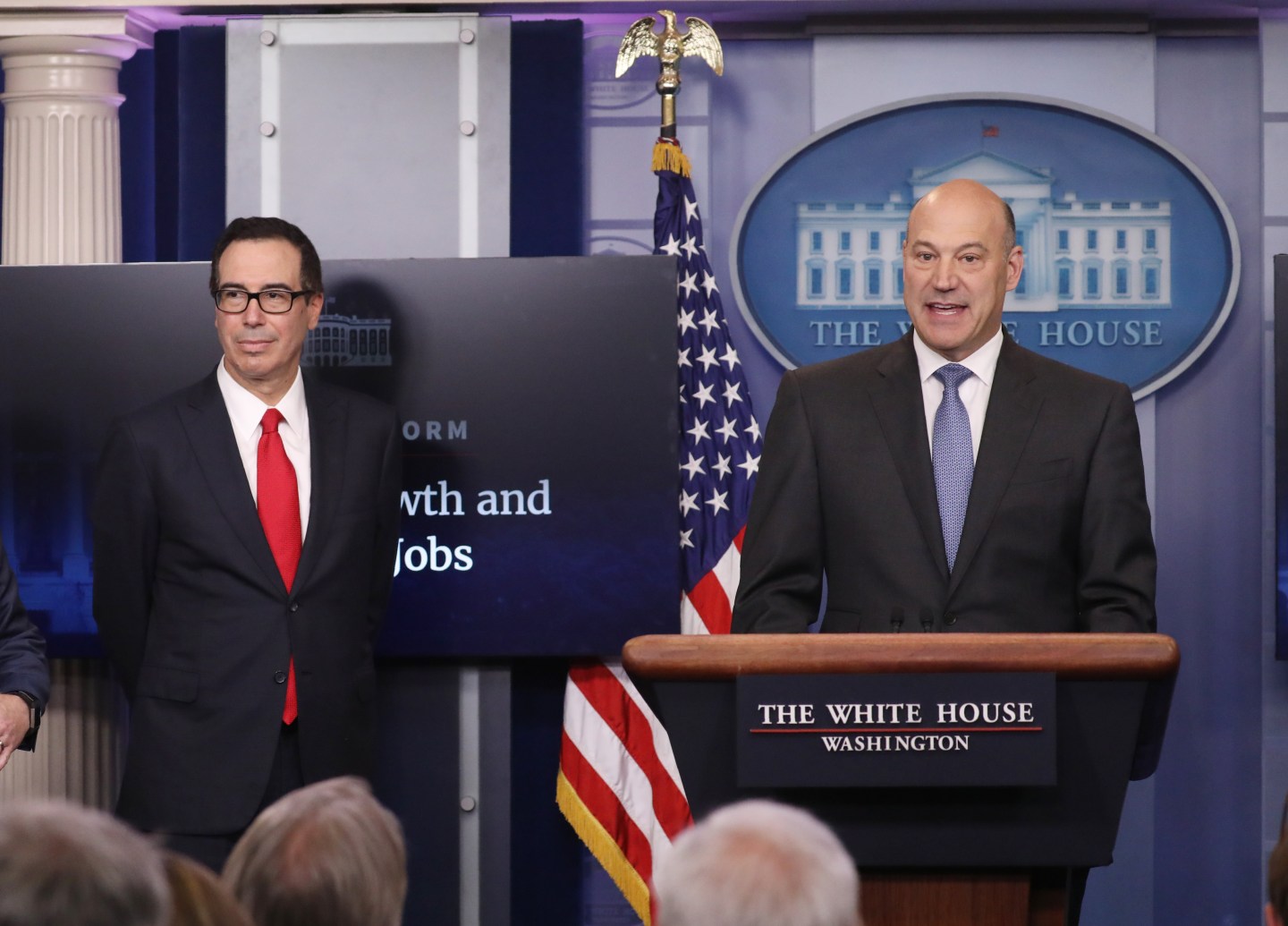 U.S. National Economic Director Gary Cohn (R) and Treasury Secretary Steven Mnuchin unveil the Trump administration's tax reform proposal at the White House on Wednesday.