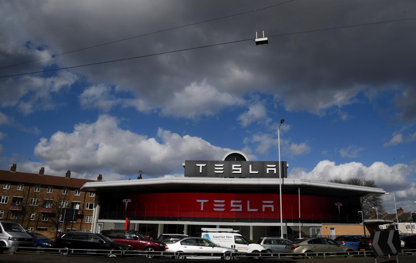 A Tesla car showroom is seen in west London, Britain