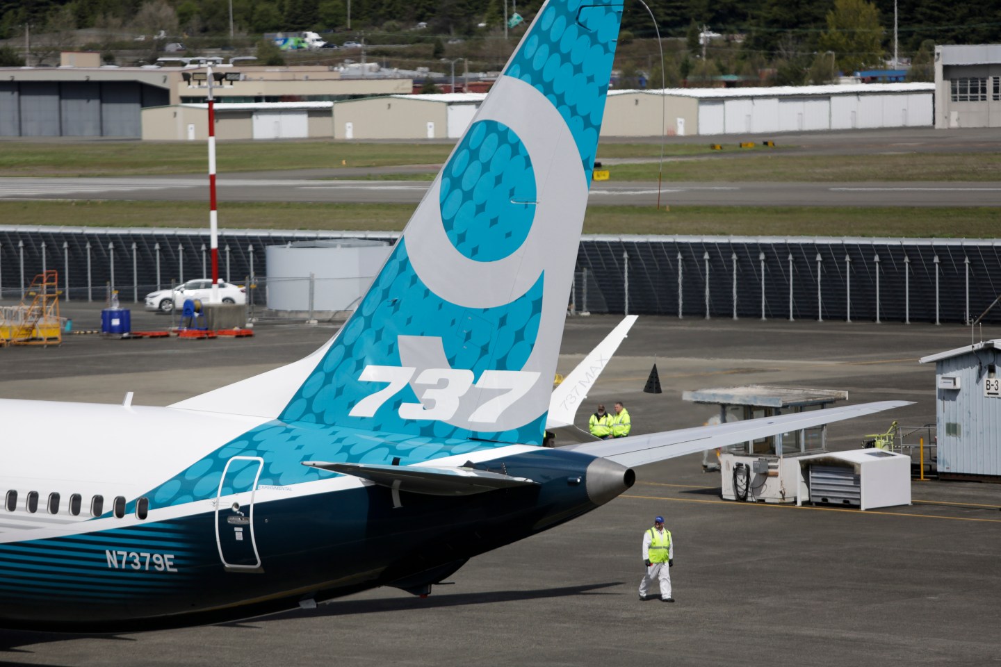 A Boeing 737 MAX 9 taxis following a landing during a first-flight event for the company's new airplane at Boeing Field in Seattle, Washington April 9, 2017.