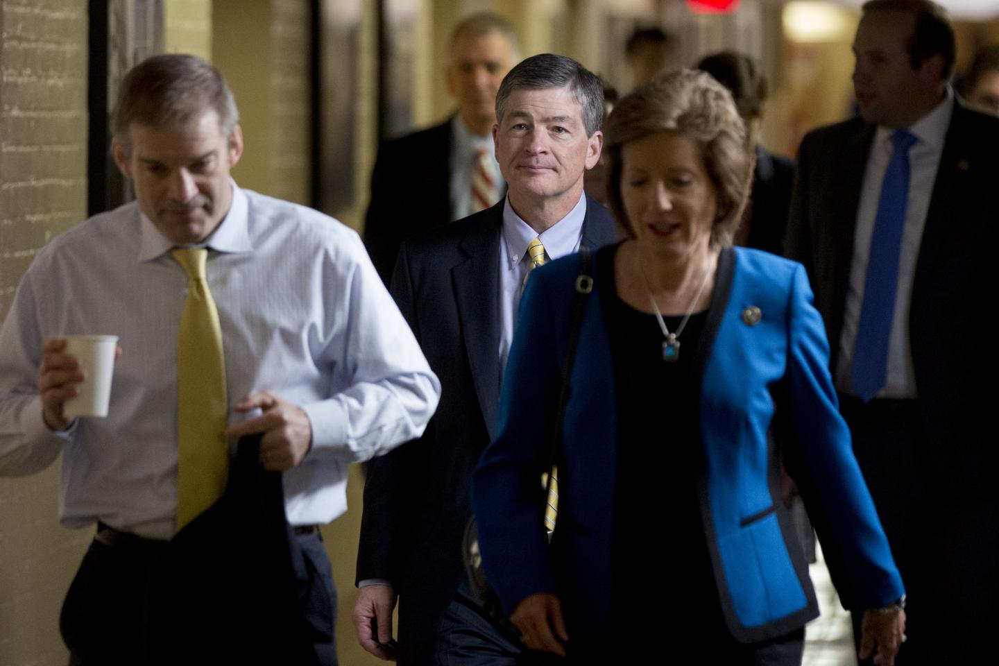 Rep. Jeb Hensarling (R-Texas) and chairman of the House Financial Services Committee, center, walks to a House Republican conference meeting at the U.S. Capitol in Washington, D.C., U.S., on Thursday, May 4, 2017.