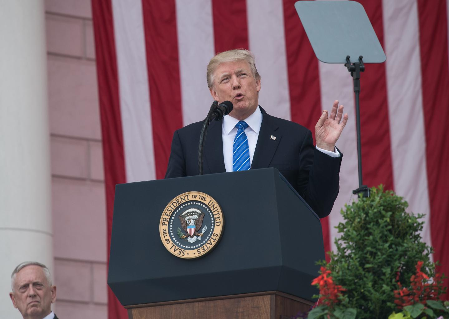 US President Donald Trump speaks at Arlington National Cemetery to mark Memorial Day in Arlington, Virginia, on May 29, 2017.