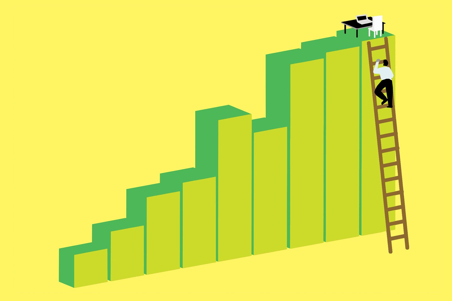 Businessman climbing ladder to reach office desk on top of bar chart