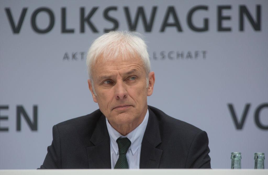 Annual Media Conference of Volkswagen AG in Wolfsburg. Matthias Mueller, CEO of Volkswagen AG, during the press conference. In the background lettering Volkswagen.