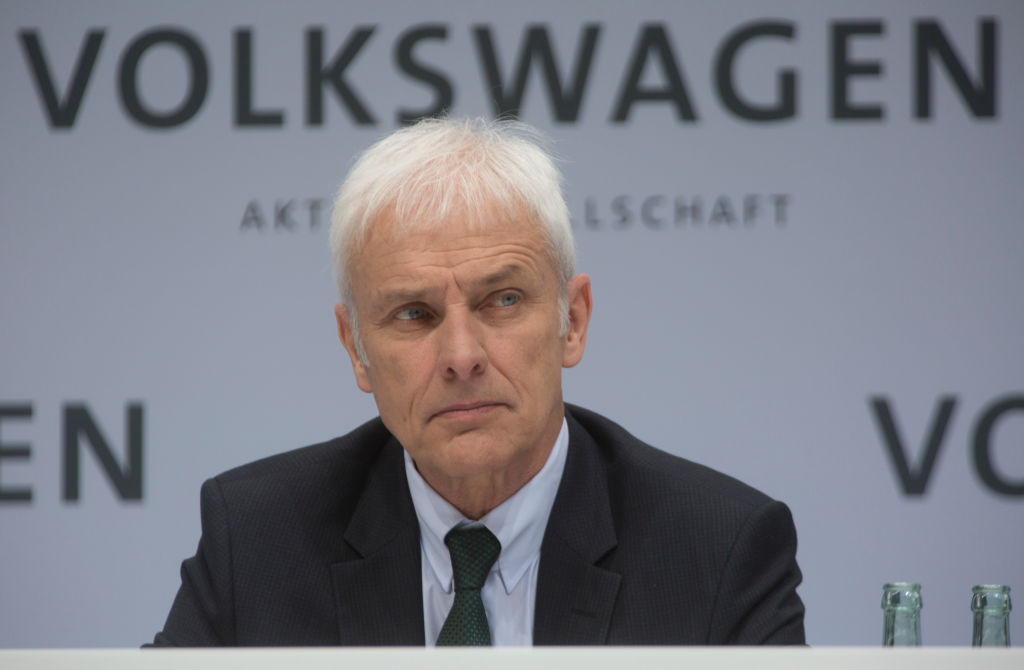 Annual Media Conference of Volkswagen AG in Wolfsburg. Matthias Mueller, CEO of Volkswagen AG, during the press conference. In the background lettering Volkswagen.
