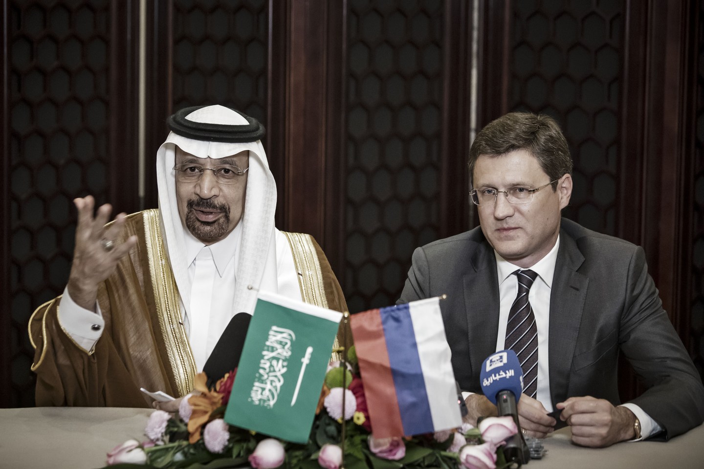 Saudi Arabia's Energy Minister Khalid Bin Abdulaziz Al-Falih And Russia's Energy Minister Alexander Novak News Conference