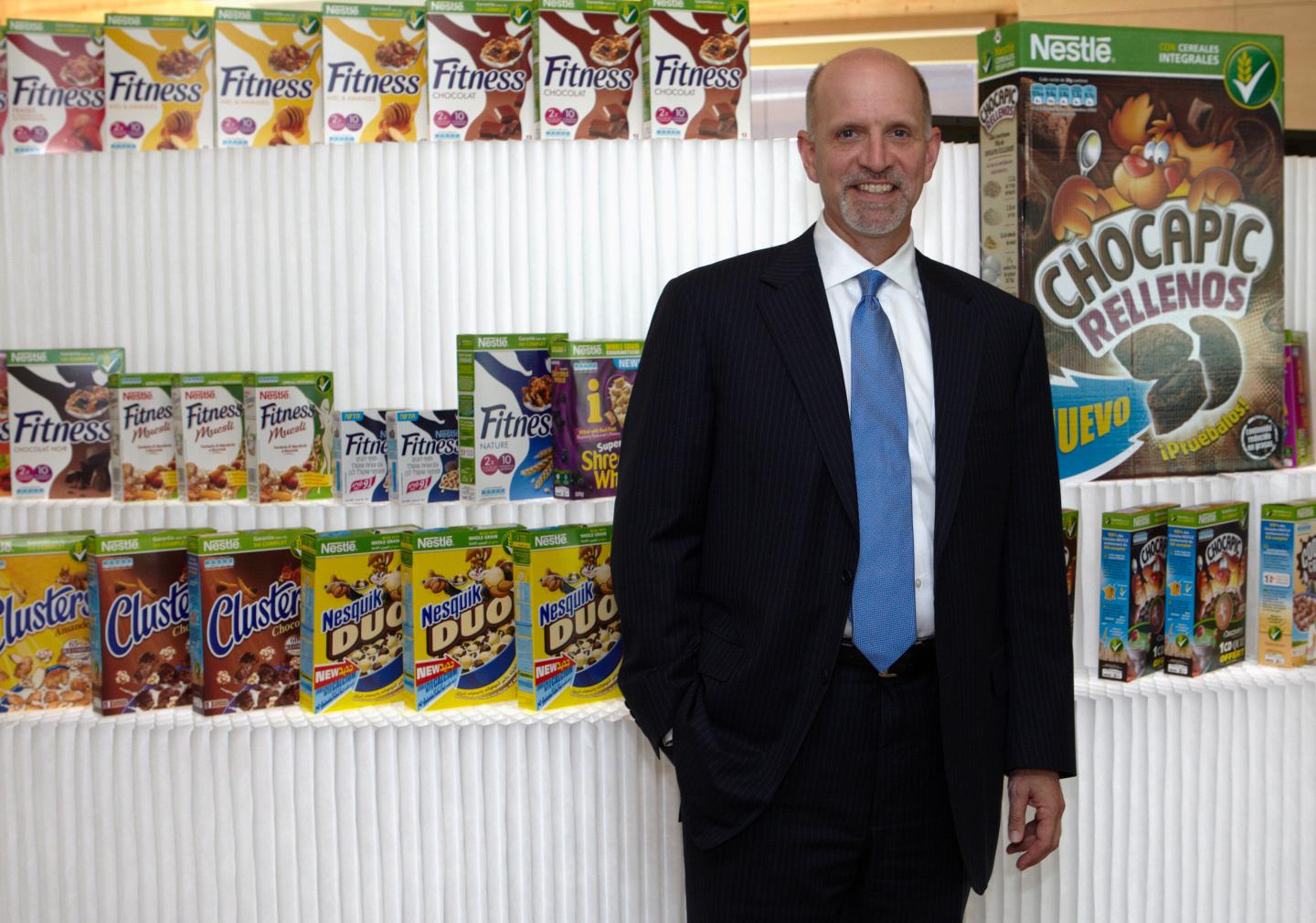 Jeff Harmening, President and CEO of Cereal Partners Worldwide (CPW), a General Mills' joint venture with Nestle, poses in front of products at the Innovation Center in Orbe