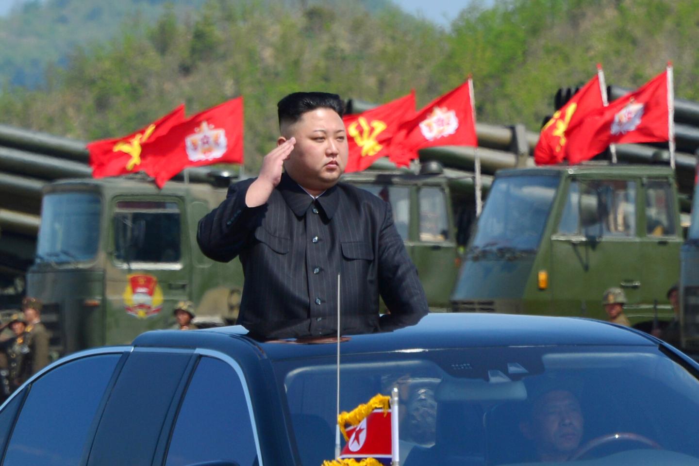 North Korea's leader Kim Jong Un watches a military drill marking the 85th anniversary of the establishment of the Korean People's Army