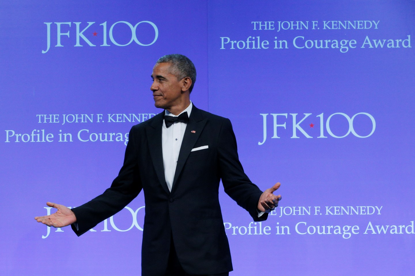 Former U.S. President Barack Obama onstage after receiving the 2017 Profile in Courage Award during a ceremony at the John F. Kennedy Library in Boston on May 7