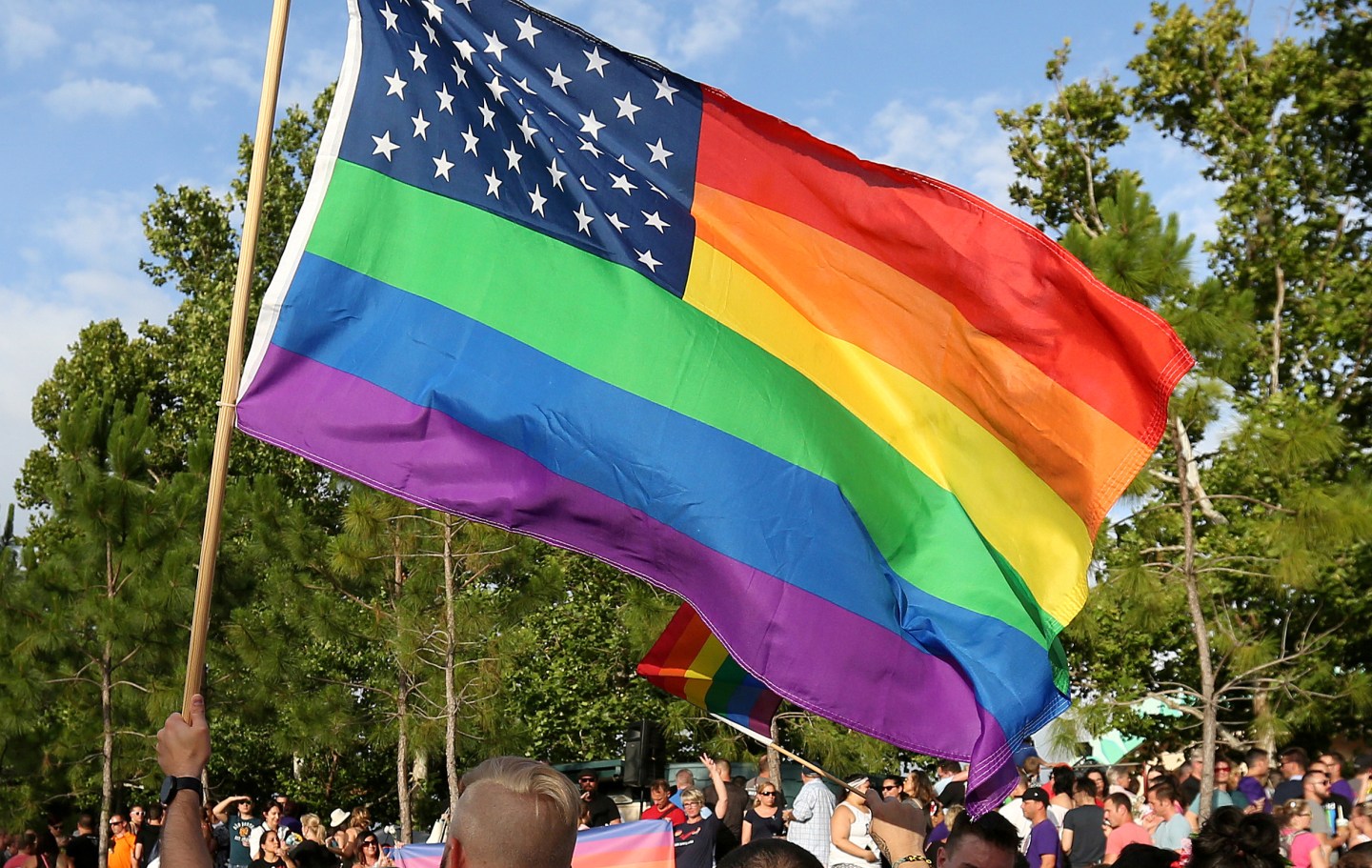 FILE PHOTO - A rainbow U.S. flag is held up during a vigil for the Pulse night club victims in Orlando