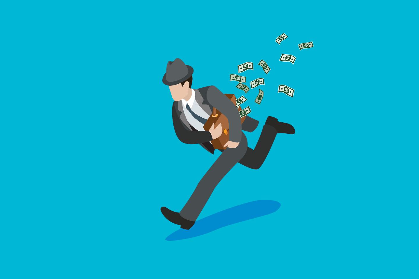 Flat isometric sharper businessman running away with briefcase full of money banknotes vector illustration. 3d isometry Business stealing concept.