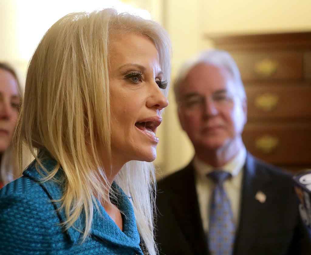 CONCORD, NH - MAY 10: Kellyanne Conway during press conference following opioid listening session at the State House in Concord, NH on May 10, 2017. US Secretary of Health and Human Services Thomas E. Price, MD is behind on the right. (Photo by John Blanding/The Boston Globe via Getty Images)