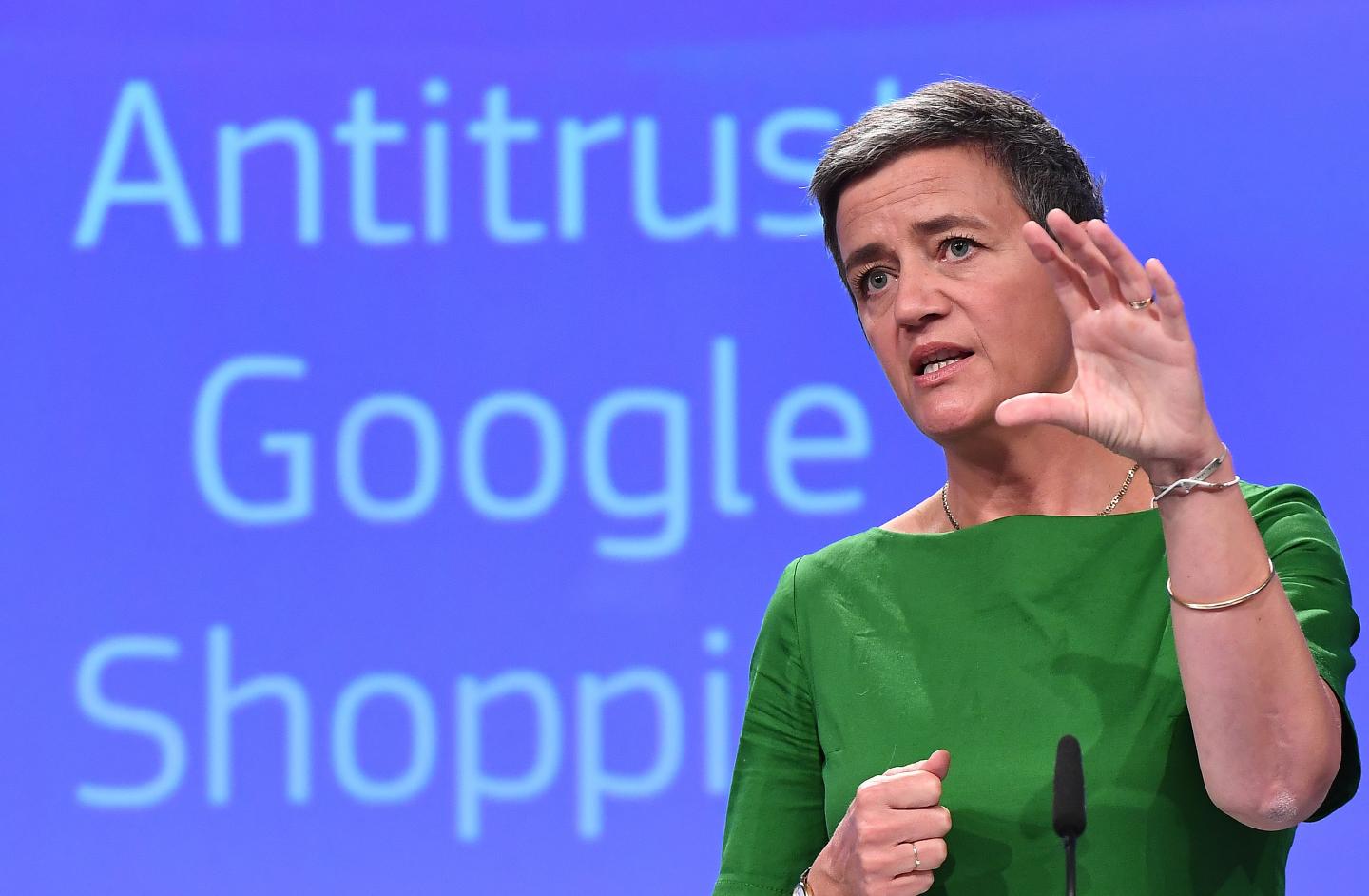 European Commissioner for Competition Margrethe Vestager gives a press conference on an antitrust case against US search engine Google the European Commission in Brussels, on June 27, 2017.