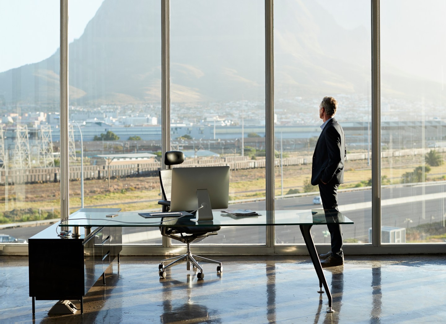 Portrait of male CEO in big corner office, looking out of window