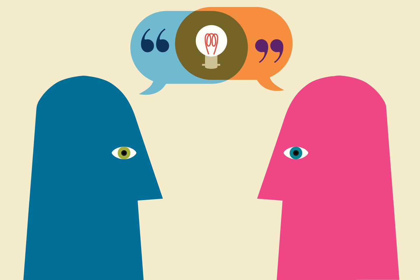 Light bulb inside of overlapping speech bubbles from two heads communicating face to face