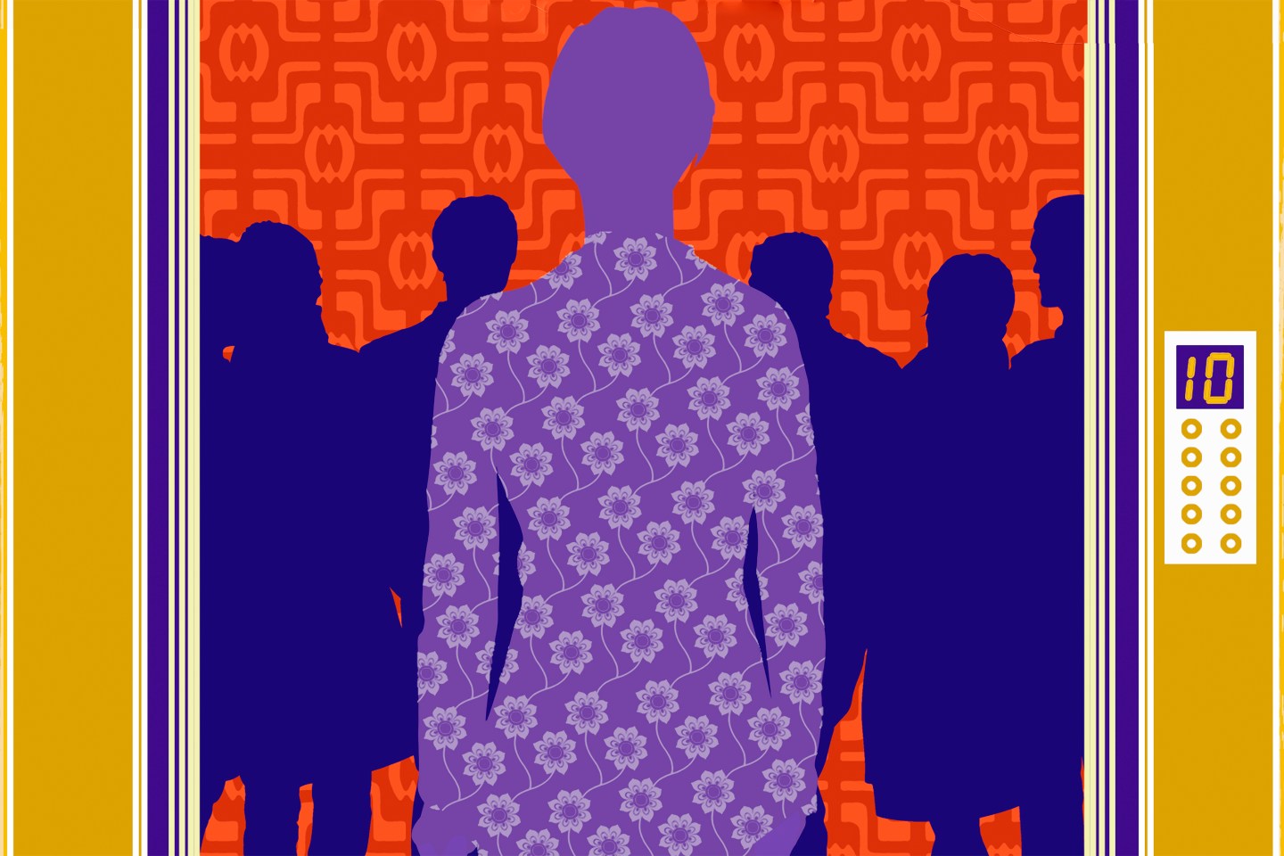 Woman standing outside of elevator full of business people