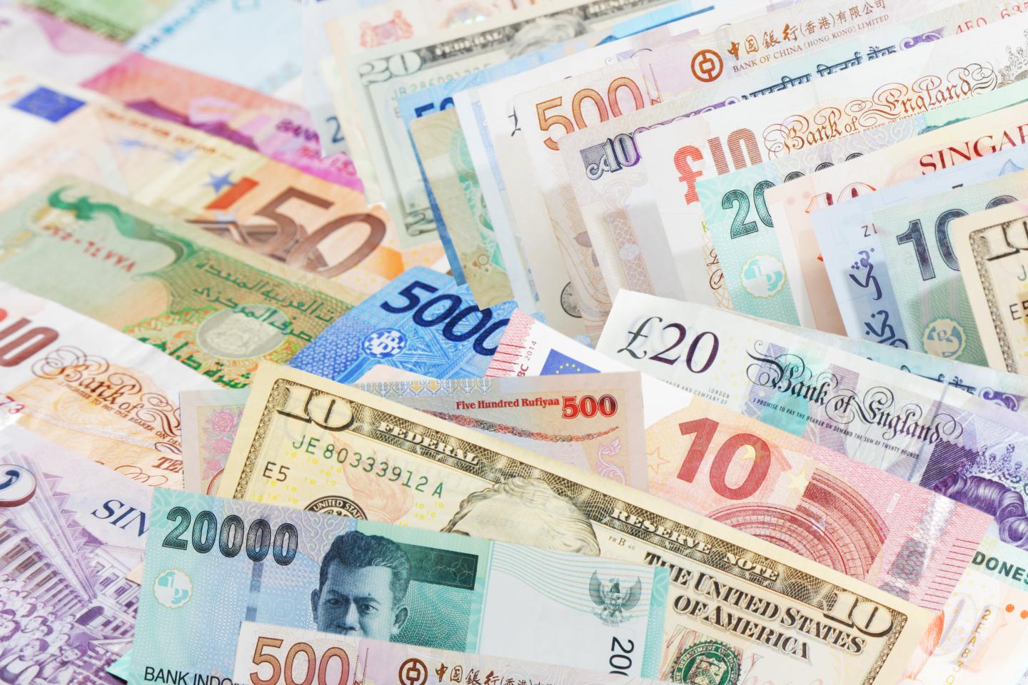 different types of currency, close up