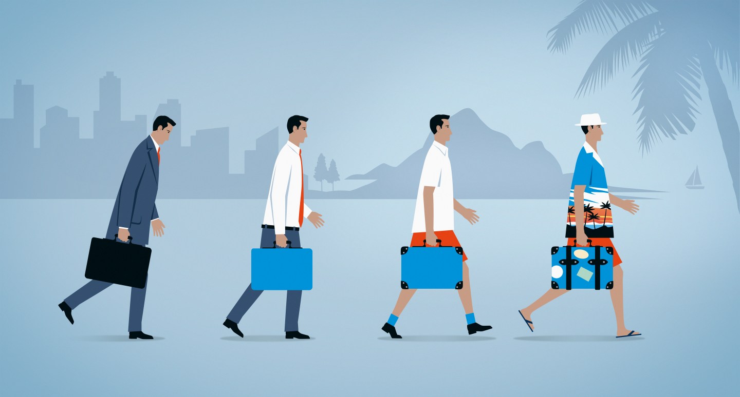 Businessman in suit gradually morphing into man wearing shorts