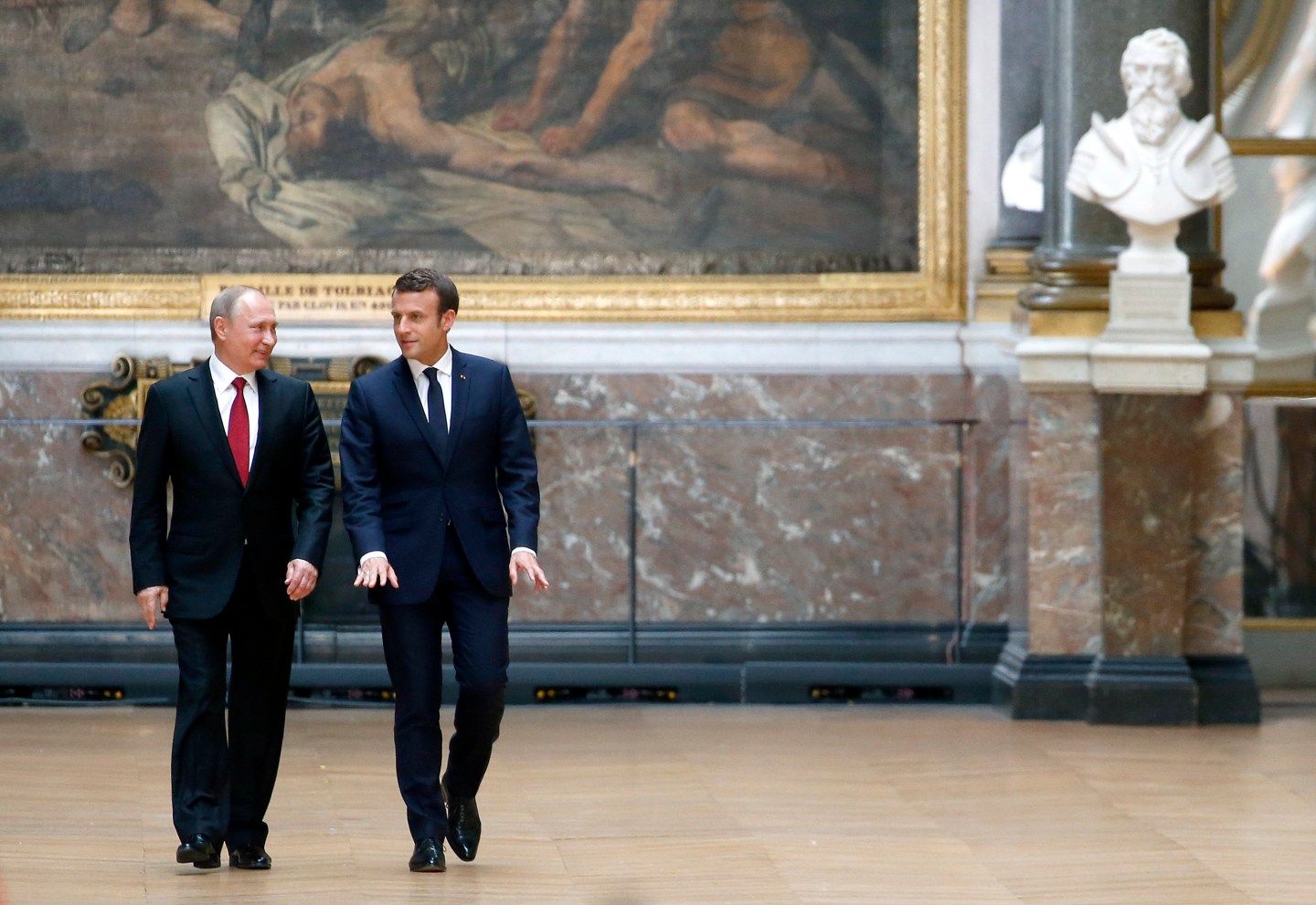 French President Emmanuel Macron Receives Vladimir Putin, Russian President At Chateau De Versailles