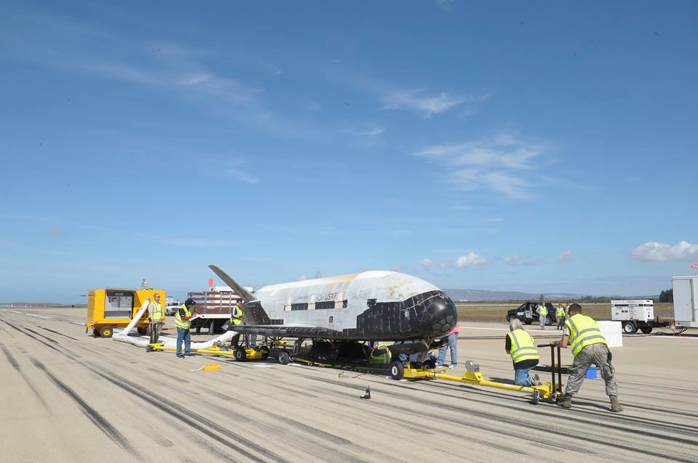 Handout photo shows the X-37B Orbital Test Vehicle mission 3 space plane after landing at Vandenberg Air Force Base in California