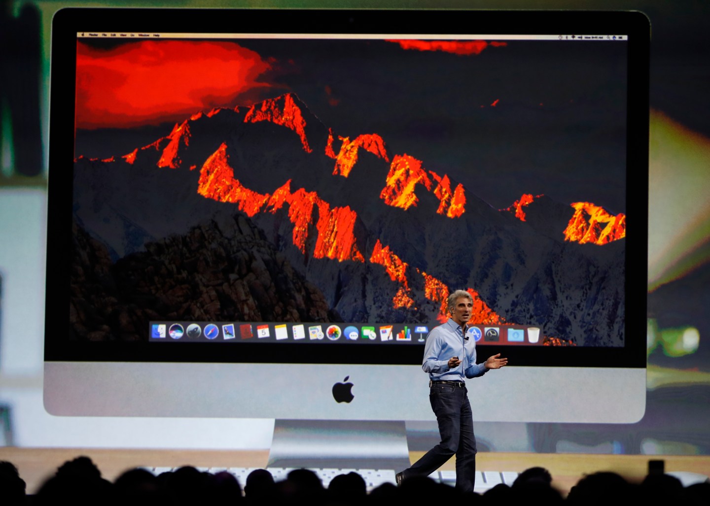 Craig Federighi, Senior Vice President Software Engineering speaks during the company's annual world wide developer conference in San Jose