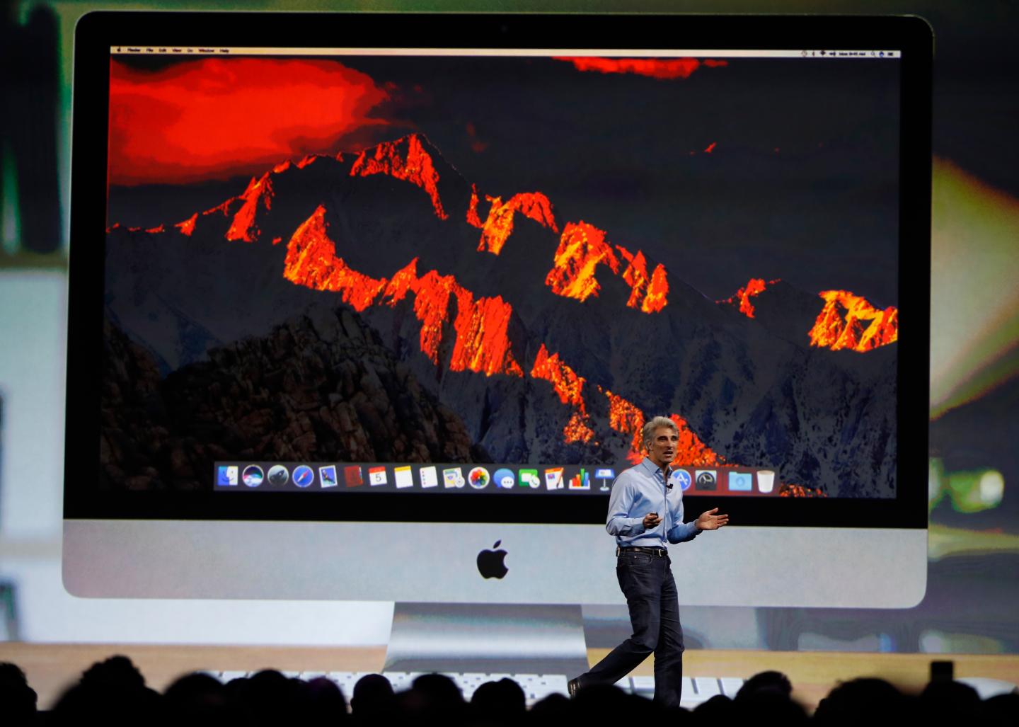 Craig Federighi, Senior Vice President Software Engineering speaks during the company's annual world wide developer conference in San Jose