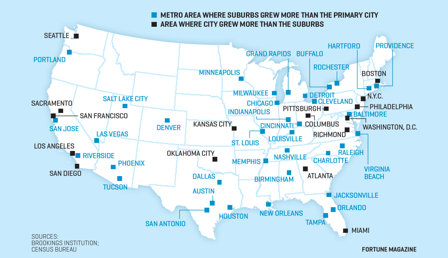 Map shows U.S. locations where suburbs grew more than the primary cities