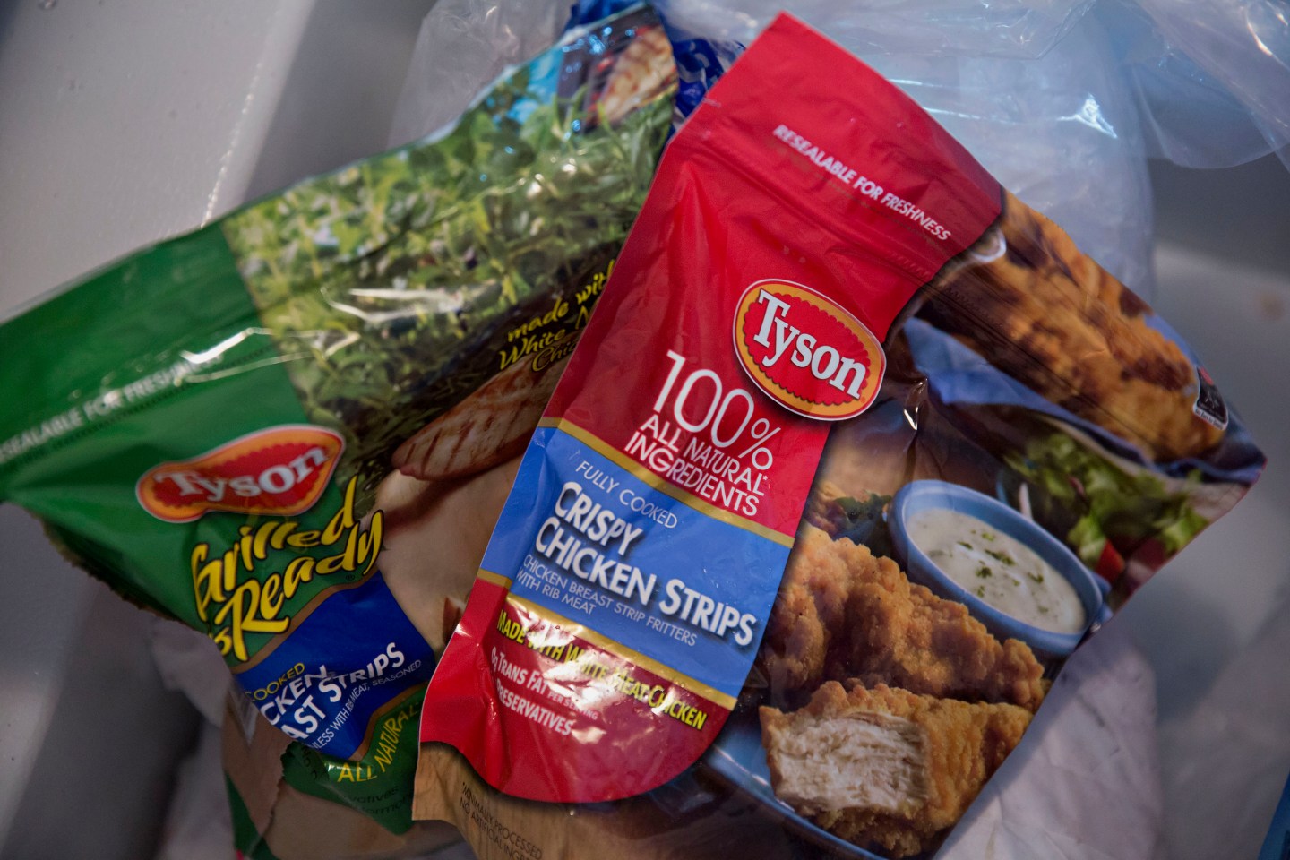 Tyson Foods Inc. brand frozen chicken products are arranged for a photograph in a freezer in Tiskilwa, Illinois, U.S., on Tuesday, July 28, 2015.