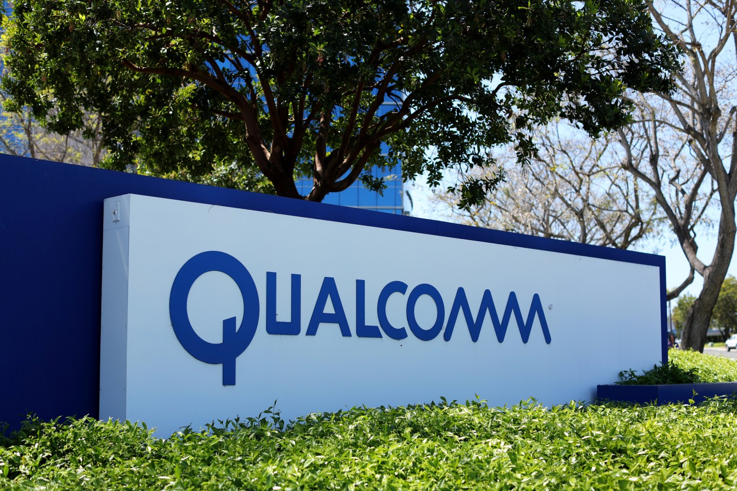 A Qualcomm sign is pictured at one of its many campus buildings in San Diego