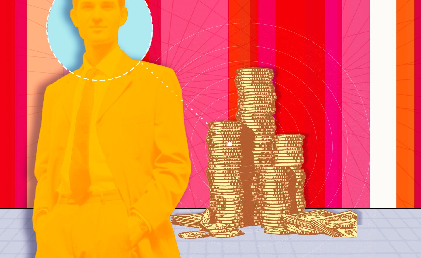 Businessman and stacks of coins