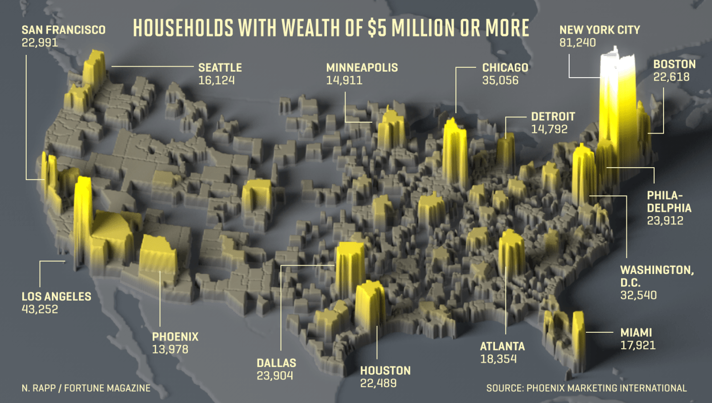 Map shows the number of $5M plus households in the U.S.